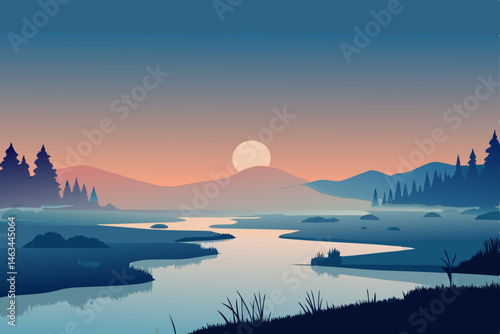 fog rising over flooded marsh at dawn  .svg