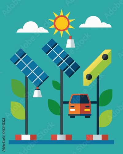The solar panels powering the traffic signals were a reminder to all that even small changes can make a big impact on the environment.. Vector illustration
