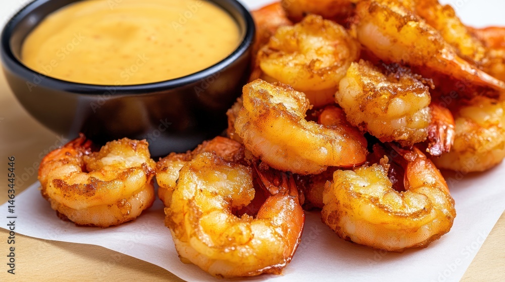 Crispy fried shrimp with creamy dipping sauce close up food photography Crispy fried shrimp with creamy dipping sauce close up food photography