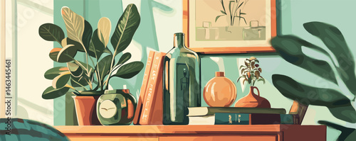 Cozy sunlit room with green plants, books, and decorative items on wooden cabinet.