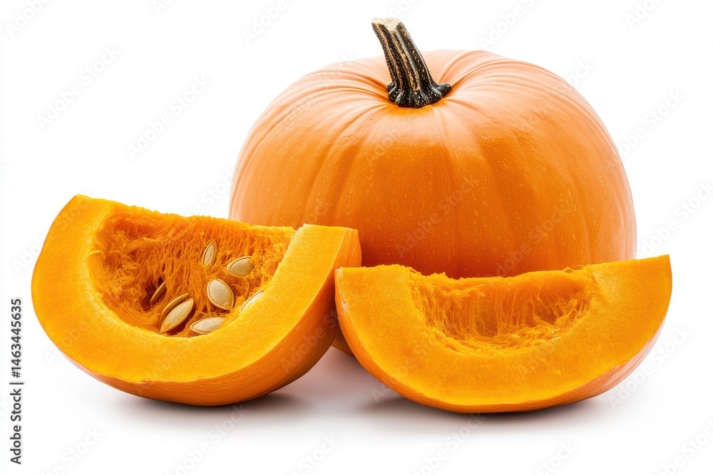 Close view of whole pumpkin and two slices isolated on white background Close view of whole pumpkin and two slices isolated on white background