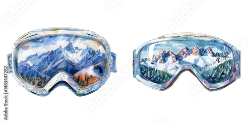 ski googles with mountain scene watercolor vector illustration
