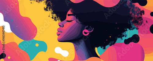 Vibrant afro-inspired portrait of young woman in profile amid colorful abstract background.
