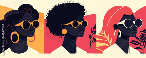 Stylish women in sunglasses and earrings against vibrant geometric backgrounds.