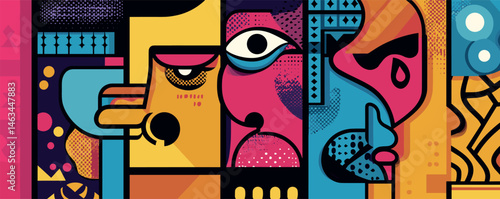 Abstract geometric art with vibrant colors and faces in cubist style.