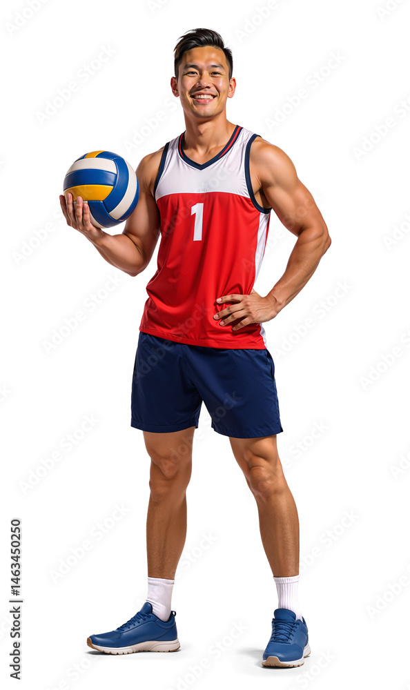 Fototapeta premium Asian male athlete holding volleyball and smiling casually on isolated background