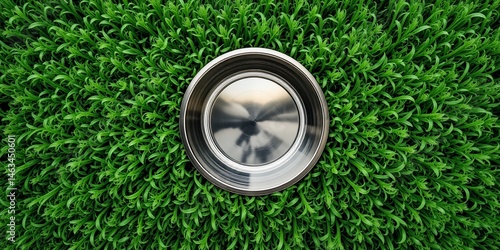 Empty Dog Bowl on Lush Green Grass - Top View