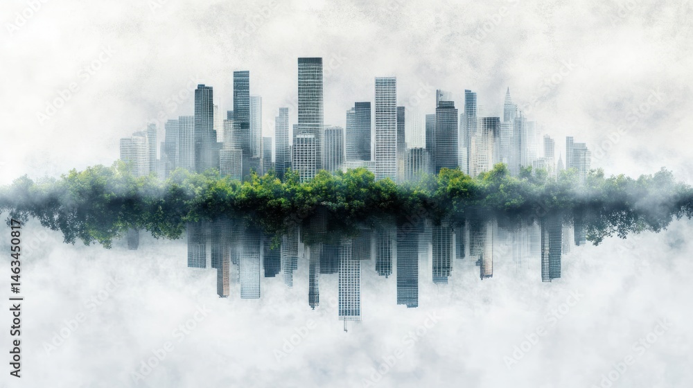 Obraz premium Cityscape reflection in water with lush greenery surrealistic urban nature scene