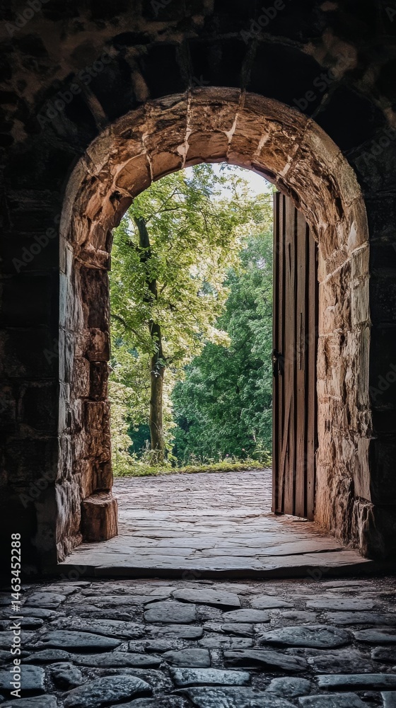 Fototapeta premium A stone archway with a door opening to a lush, green garden.