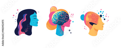 Colorful profiles of human figures with artistic brain illustrations.