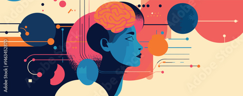 Abstract illustration of human brain and technology integration in colorful profile.