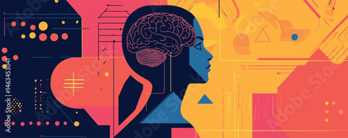 Abstract illustration of human mind and brain in colorful geometric design.