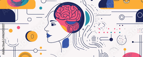 Abstract illustration of woman's profile with brain highlighted, symbolizing creativity and technology.