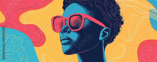 Stylized portrait of sunglass-wearing person against vibrant abstract backdrop.