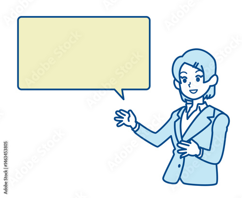 説明をするスーツ姿の女性と四角い吹き出し