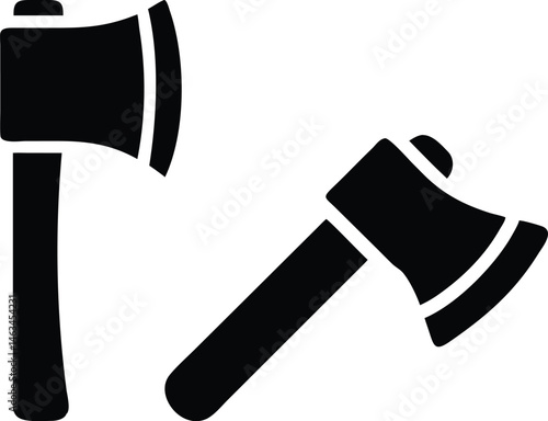  Vector Icons Set of Black silhouette illustration of two axes in different orientations, symbolizing tools for chopping, logging, or survival, ideal for icons or designs.