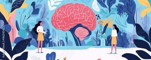 Two women admiring large red brain in vibrant, abstract botanical scene with blue and pink hues.