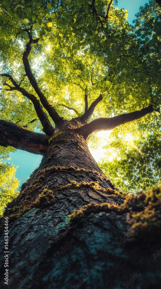 Naklejka premium A tall, strong tree with lush green leaves reaches up towards the sun.