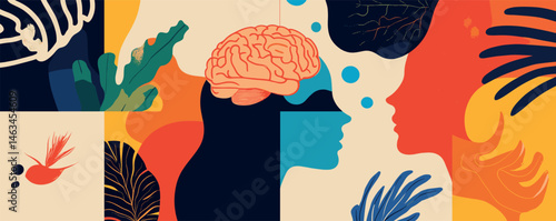 Abstract art with brain and profile silhouettes in bold colors and organic shapes.
