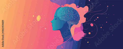 Illustration of a woman's profile with brain imagery in vibrant colors and abstract elements.