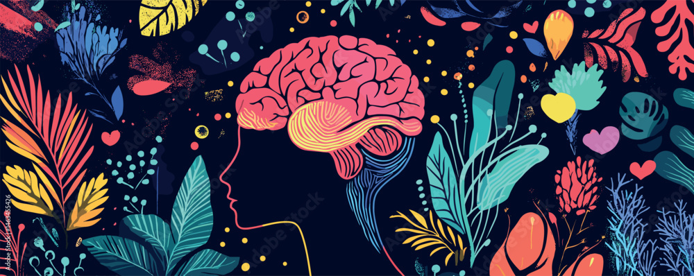 Profile of human mind surrounded by colorful nature elements and abstract botanical illustrations. Profile of human mind surrounded by colorful nature elements and abstract botanical illustrations.