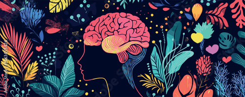 Profile of human mind surrounded by colorful nature elements and abstract botanical illustrations.
