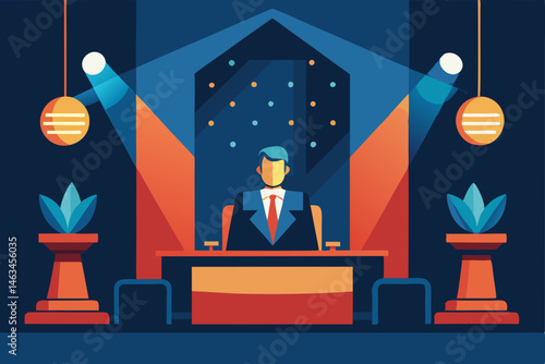 game show host s flashy office with buzzers 