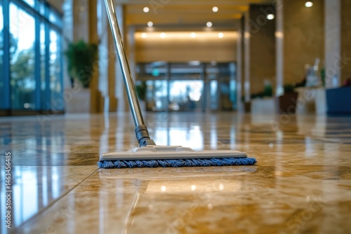 Mop cleaning a polished marble floor in a modern, spacious lobby area with natural light.