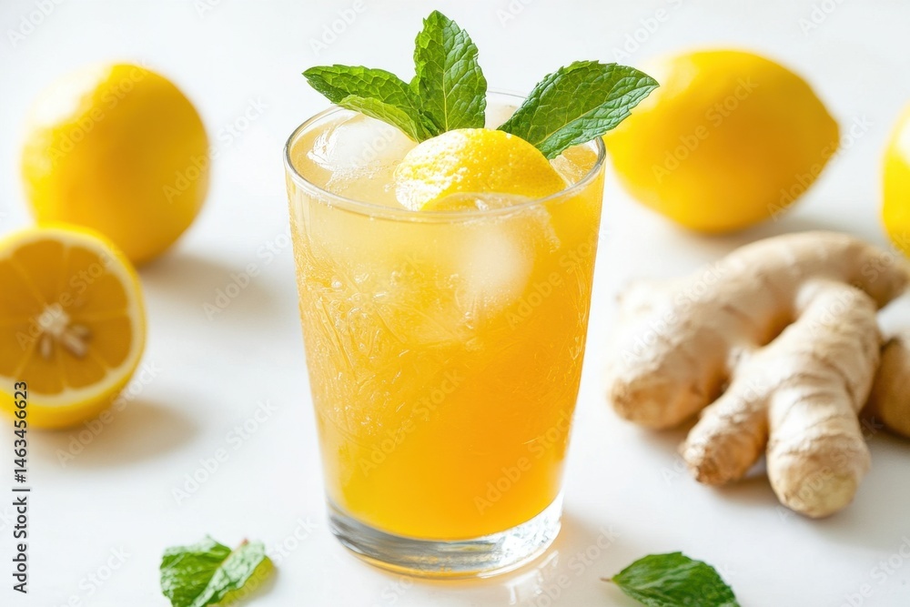 Refreshing lemon ginger drink garnished with mint leaves, surrounded by whole lemons and ginger. Refreshing lemon ginger drink garnished with mint leaves, surrounded by whole lemons and ginger.