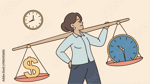 Time and money balance, weight between work and life, long term investment or savings, control or make decision concept, cheerful business woman balance between time clock and dollar money on seesaw.