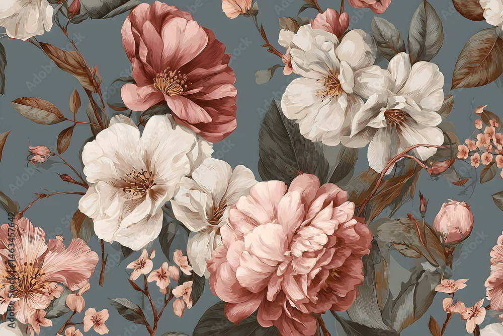 Fototapeta premium Exquisite floral pattern in muted tones on a gray background.