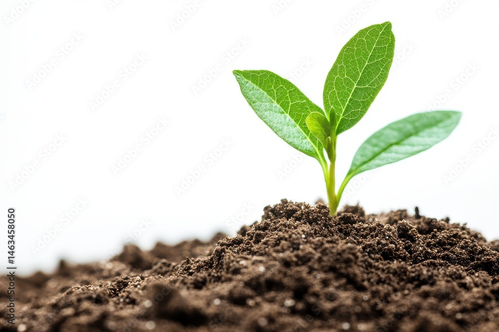 Small plant growing from a mound of dark soil against white space Small plant growing from a mound of dark soil against white space