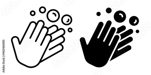 Wash or washing hands to keep clean icon set. Disease prevention protect, sanitizer, antiseptic, antibacterial symbols. Wash hands with rinse water, tap, soap, label, badge, logo, black, line, vector.