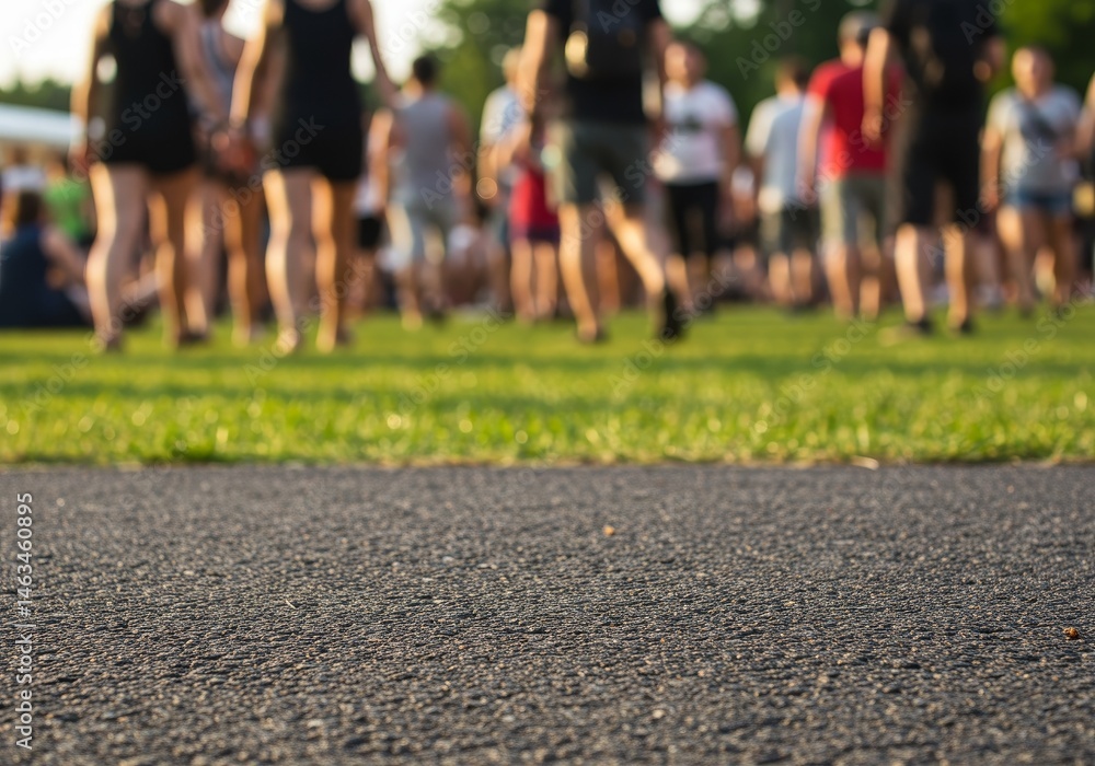 Blurred Crowd of People Gathered at an Open Air Event on Asphalt Road