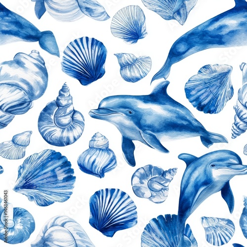 An illustration of various seashells and dolphins drawing in blue ink.	
