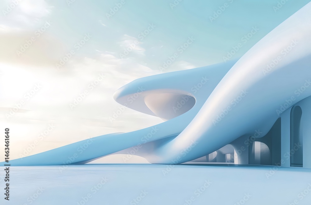 白の抽象的な未来的な構造の建築デザイン 滑らかな曲線とミニマルなスタイルの建築の素晴らしい外観 青空を背景に 白の抽象的な未来的な構造の建築デザイン 滑らかな曲線とミニマルなスタイルの建築の素晴らしい外観 青空を背景に