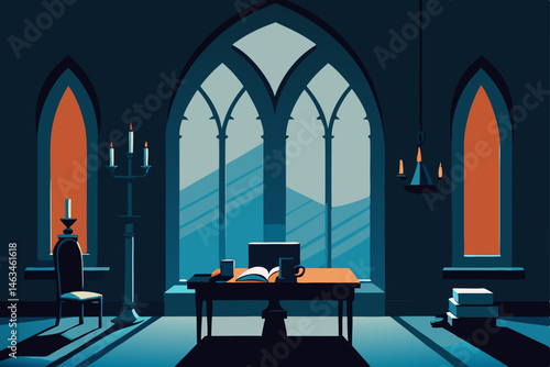 gothic office with arched windows  candelabras  