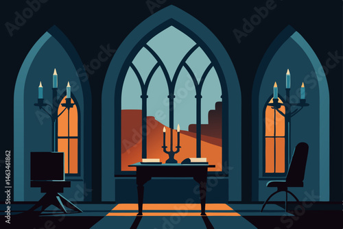 gothic office with arched windows  candelabras