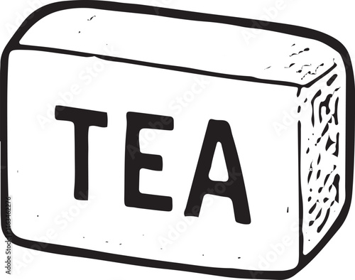 A hand-drawn black-and-white illustration of a tea block labeled "TEA." Perfect for tea time designs, beverage packaging, or cafe branding