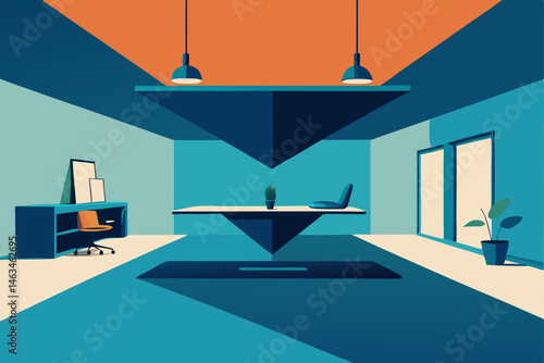 gravity defying office with upside down furniture