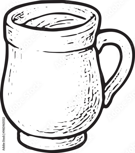 A hand-drawn black-and-white illustration of a tea cup on a saucer. Ideal for tea time designs, cafe decor, or beverage illustrations