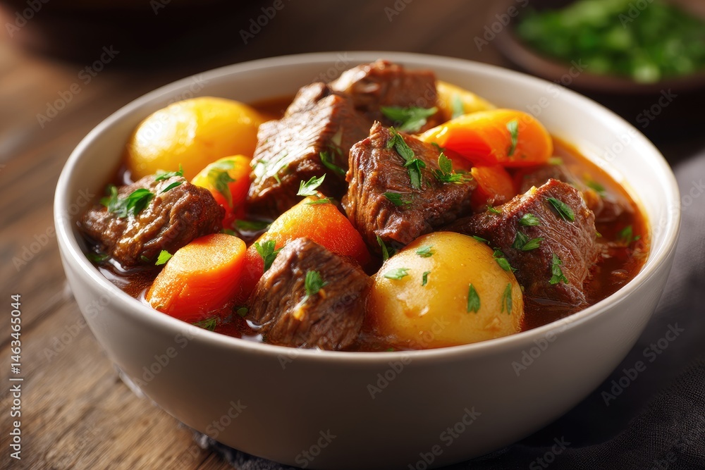 Hearty beef stew in a bowl on a wooden table. Hearty beef stew in a bowl on a wooden table.