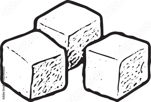 A hand-drawn black-and-white illustration of sugar cubes. Perfect for tea time designs, kitchen decor, or beverage sweetener graphics
