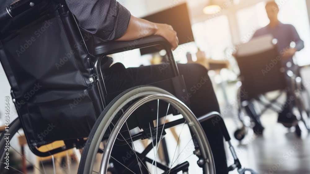 Individuals in wheelchairs engaged in a conversation in a modern, sunlit office setting. Individuals in wheelchairs engaged in a conversation in a modern, sunlit office setting.