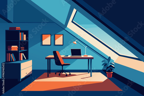 homey attic office with skylight and warm rug 