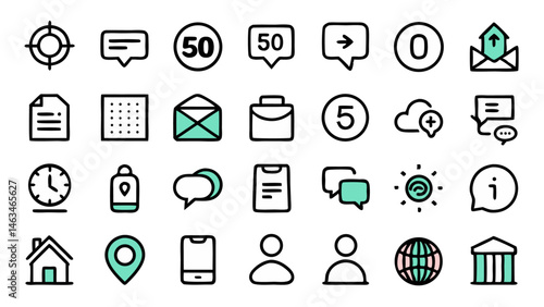 Functional and visually consistent flat vector icons expressing conceptual themes for professional UI kits mobile prototypes and engaging content layouts