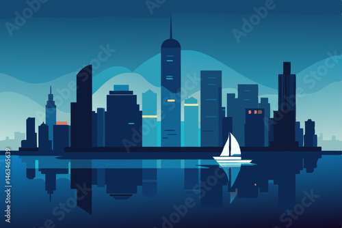 hong kong harbor at night  skyscrapers reflecting 