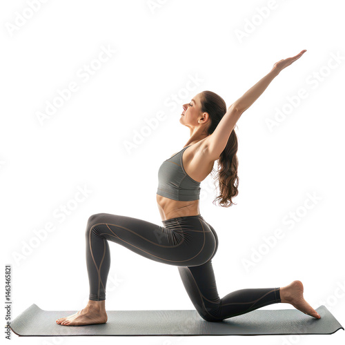 Young woman practicing yoga on yoga mat side view full length isolate on transparent background