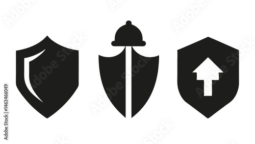 Flat silhouette protective shield icon collection designed for cybersecurity, antivirus, or safety-related digital products needing clear and bold visual symbols
