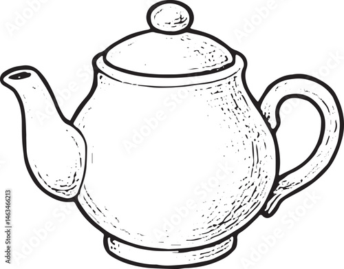A hand-drawn black-and-white illustration of a teapot with a spout and handle. Perfect for tea time designs, cafe branding, or kitchen decor
